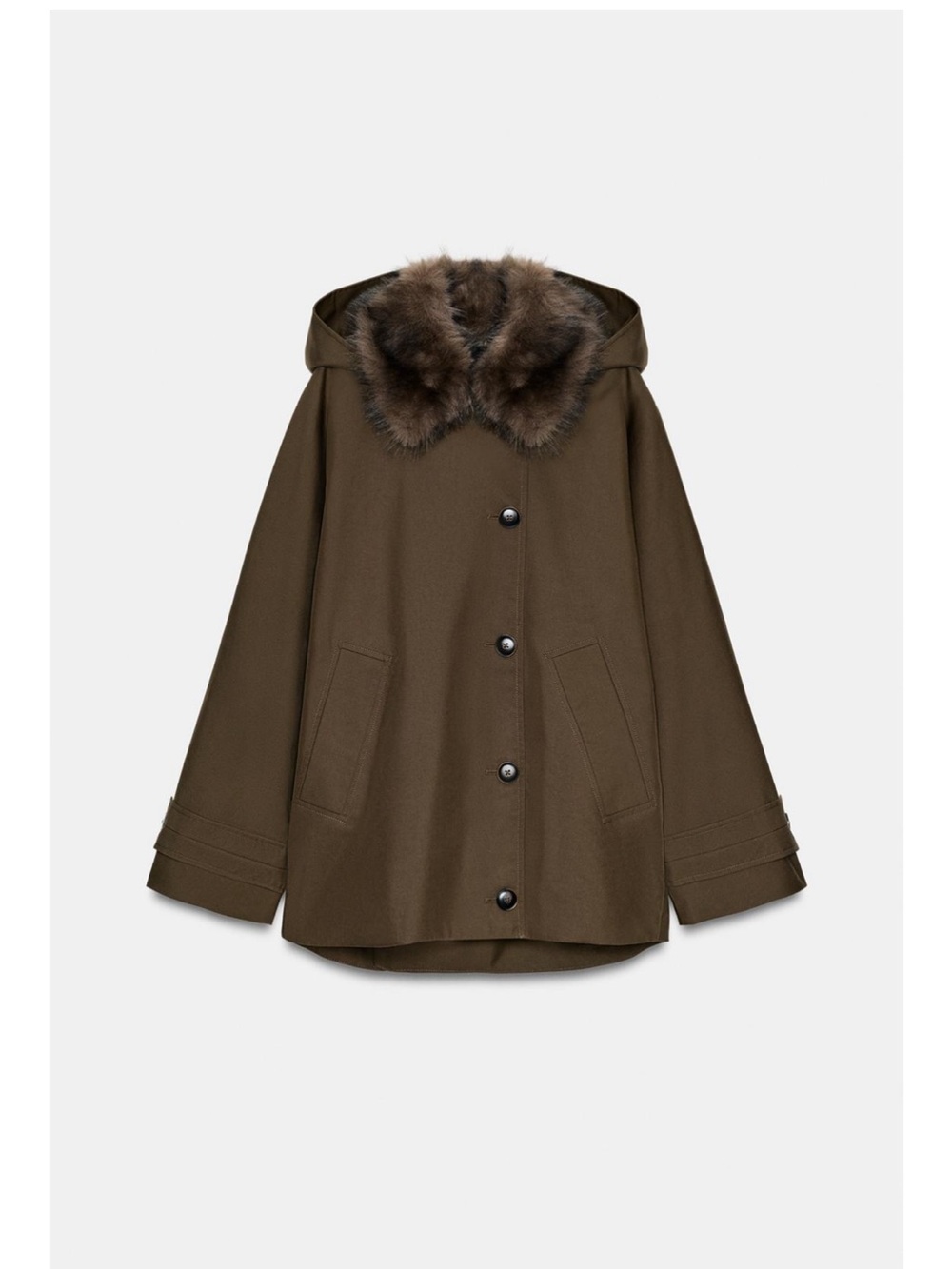 NWT ZARA Olive Brown Hooded Parka Jacket with Faux Fur Trim
